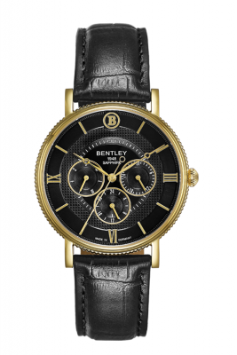 Product SKU: 1865-20MKBBDescription: Gold tone caseCase Size: 40.0mm X 46.5mmDial Size: Ø 34.5 mmDial Color: Black dial / Day / Date / 24 HoursBracelet:  Black calfskin leather strapCrystal: Sapphire crystal glassCrown: 5.0mmMovement: VX3J