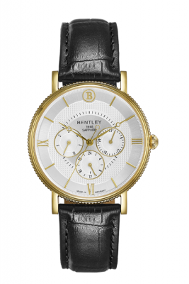 Product SKU: 1865-20MKWBDescription: Gold tone caseCase Size: 40.0mm X 46.5mmDial Size: Ø 34.5 mmDial Color: Silver dial / Day / Date / 24 HoursBracelet:  Black calfskin leather strapCrystal: Sapphire crystal glassCrown: 5.0mmMovement: VX3J