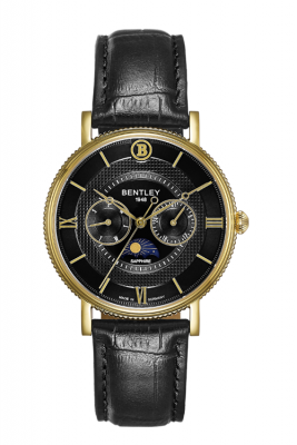 Product SKU: 1865-30MKBBDescription: Gold tone caseCase Size: 40.0mm X 46.5mmDial Size: Ø 34.5 mmDial Color: Black dial / Day / Date / Moon-phaseBracelet:  Black calfskin leather strapCrystal: Sapphire crystal glassCrown: 5.0mmMovement: VX3HA