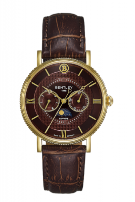 Product SKU: 1865-30MKDDDescription: Gold tone caseCase Size: 40.0mm X 46.5mmDial Size: Ø 34.5 mmDial Color: Brown dial / Day / Date / Moon-phaseBracelet:  Brown calfskin leather strapCrystal: Sapphire crystal glassCrown: 5.0mmMovement: VX3HA