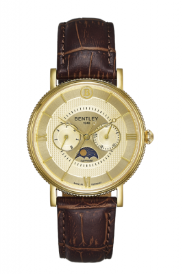 Product SKU: 1865-30MKKDDescription: Gold tone caseCase Size: 40.0mm X 46.5mmDial Size: Ø 34.5 mmDial Color: Gold dial / Day / Date / Moon-phaseBracelet:  Brown calfskin leather strapCrystal: Sapphire crystal glassCrown: 5.0mmMovement: VX3HA