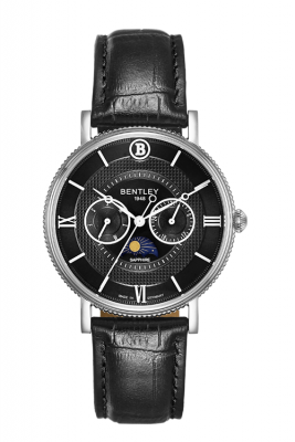 Product SKU: 1865-30MWBBDescription: Stainless steel caseCase Size: 40.0mm X 46.5mmDial Size: Ø 34.5 mmDial Color: Black dial / Day / Date / Moon-phaseBracelet:  Black calfskin leather strapCrystal: Sapphire crystal glassCrown: 5.0mmMovement: VX3HA