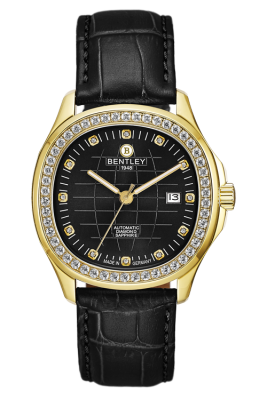 Product SKU: 1869-252MKBBDescription: Gold tone case,Case with 50pcs white sapphireCase Size: 42.0mm X 47.0mmDial Size: Ø 30.6mmDial Color: Black dial with 12pcs diamond  Bracelet:  Black calfskin leather strapCrystal: Sapphire crystal glassCrown: 6.0mmMovement: SL1701-0005/Automatic