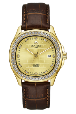 Product SKU: 1869-252MKKDDescription: Gold tone case,Case with 50pcs white sapphireCase Size: 42.0mm X 47.0mmDial Size: Ø 30.6mmDial Color: Gold dial with 12pcs diamond Bracelet:  Brown calfskin leather strapCrystal: Sapphire crystal glassCrown: 6.0mmMovement: SL1701-0005/Automatic