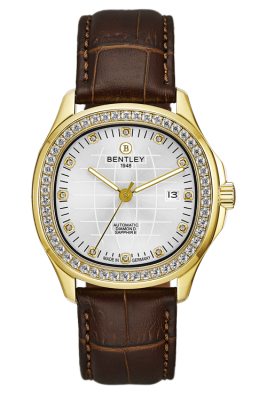 Product SKU: 1869-252MKWDDescription: Gold tone case,Case with 50pcs white sapphireCase Size: 42.0mm X 47.0mmDial Size: Ø 30.6mmDial Color: White dial with 12pcs diamond Bracelet:  Brown calfskin leather strapCrystal: Sapphire crystal glassCrown: 6.0mmMovement: SL1701-0005/Automatic