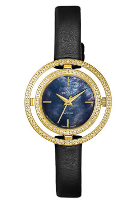 Product SKU: 1868-201LKBBDescription: Gold tone caseCase Material: Case with  95 pcs white sapphireCase Size: 32.0mm X 32.0mmDial Size: Ø 19.5mmDial Color: Black MOP dial Bracelet:  Black calfskin leather strapCrystal: Sapphire crystal glassCrown: 3.5mmMovement: VJ21