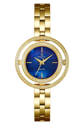 Product SKU: 1868-201LKNIDescription: Gold tone stainless steelCase Material: Case with  95 pcs white sapphireCase Size: 32.0mm X 32.0mmDial Size: Ø 19.5mmDial Color: Blue MOP dial Crystal: Sapphire crystal glassCrown: 3.5mmMovement: VJ21