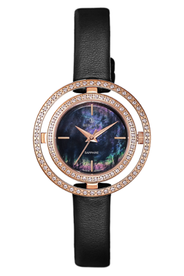 Product SKU: 1868-201LRBBDescription: Rose gold tone caseCase Material: Case with  95 pcs white sapphireCase Size: 32.0mm X 32.0mmDial Size: Ø 19.5mmDial Color: Black MOP dial Bracelet:  Black calfskin leather strapCrystal: Sapphire crystal glassCrown: 3.5mmMovement: VJ21