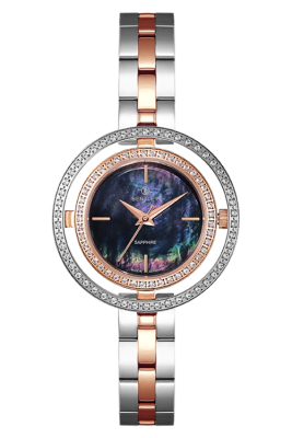 Product SKU: 1868-201LTBI-RDescription: Rose gold two tone stainless steelCase Material: Case with  95 pcs white sapphireCase Size: 32.0mm X 32.0mmDial Size: Ø 19.5mmDial Color: Black MOP dial Crystal: Sapphire crystal glassCrown: 3.5mmMovement: VJ21