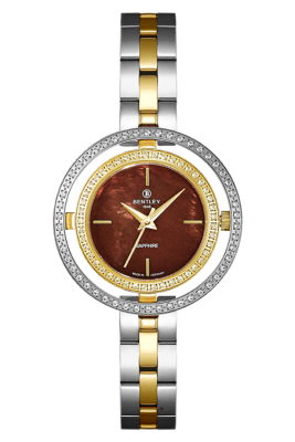 Product SKU: 1868-201LTDI-KDescription: Gold two tone stainless steelCase Material: Case with  95 pcs white sapphireCase Size: 32.0mm X 32.0mmDial Size: Ø 19.5mmDial Color: Brown MOP dial Crystal: Sapphire crystal glassCrown: 3.5mmMovement:  VJ21