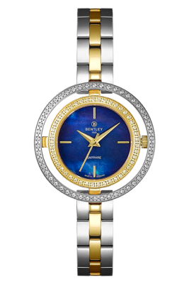 Product SKU: 1868-201LTNI-KDescription: Gold two tone stainless steelCase Material: Case with  95 pcs white sapphireCase Size: 32.0mm X 32.0mmDial Size: Ø 19.5mmDial Color: Blue MOP dial Crystal: Sapphire crystal glassCrown: 3.5mmMovement: VJ21