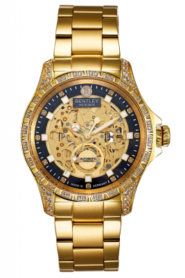 Product SKU: 2080-352MKBI-SCase Material: Gold tone stainless steel,Case with 80pcs white sapphireCase Size: 43.0mm X 51.0mmDial Size: Ø 34.0 mmDial Color: Black dial with 11pcs diamondCrystal: Sapphire crystal glassCrown: 8.0mmMovement: 8N24/100m/Automatic