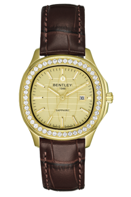 Product SKU: BL1869-101LKKDDescription: Gold tone caseCase Material: Case with 48pcs white sapphireCase Size: 36.0mm X 40.4mmDial Size: Ø 24.7mmDial Color: Gold dialBracelet:  Brown calfskin leather strap Crystal: Sapphire crystal glassCrown: Ø 4.5mmMovement: GN12