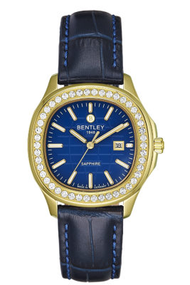 Product SKU: BL1869-101LKNNDescription: Gold tone caseCase Material: Case with 48pcs white sapphire Case Size: 36.0mm X 40.4mmDial Size: Ø 24.7mmDial Color: Blue dialBracelet:  Blue calfskin leather strapCrystal: Sapphire crystal glassCrown: Ø 4.5mmMovement: GN12